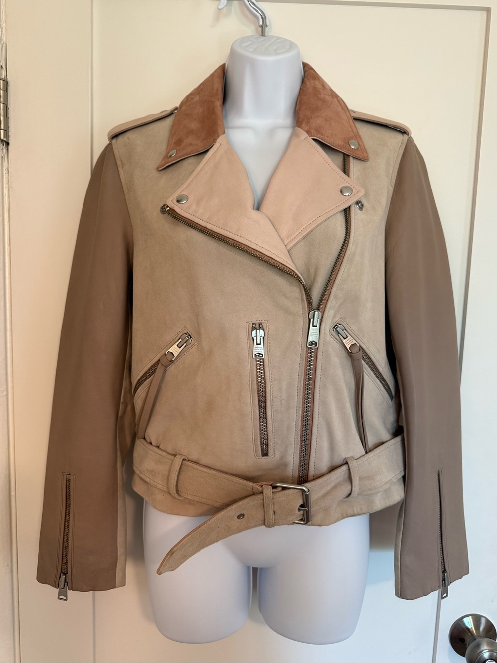 AllSaints Two-Tone Pink-Taupe Leather & Suede Biker Jacket